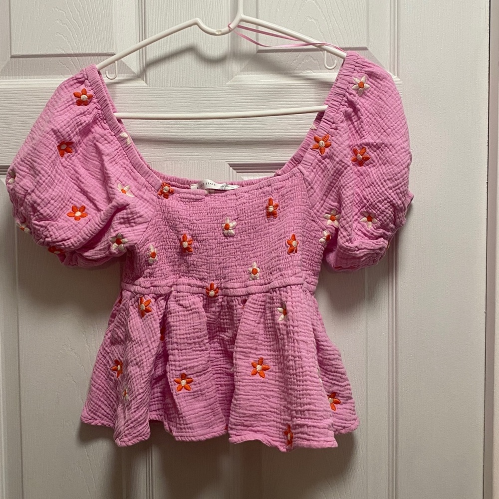 Pink Floral Embroidered Peplum Top